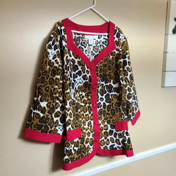 NWT ALLISON WOODS TOP SMOCK BLOUSE ANIMAL PRINT W RED TRIM WOMENS SIZE 34 - Picture 1 of 6